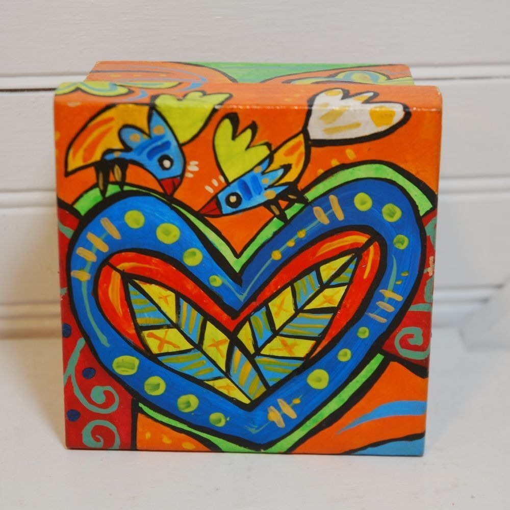 Vintage Hand-painted wooden jewelry box Zentangle design heart lovebirds UNISEX